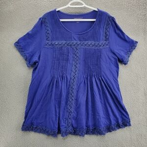 Woman Within Lace Trim Pintucked Tunic Shirt Plus Size 22/24 Blue